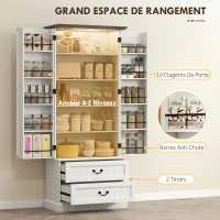 HOMCOM Buffet haut cuisine, armoire de cuisine, LED à capteur, 2 portes, tiroirs et étagères réglables, 76x39,5x183cm, blanc(m-5)