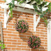 HOMCOM Set of 2 Decorative Artificial Plants, UV-protected Artificial Plant Topiary Rose Balls, Fake Plants for Home Indoor outdoor Decor, 28cm, Pink(m-10)