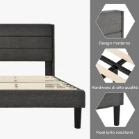 Letto Singolo con Rete a Doghe e Imbottito Testiera, Tessuto in Lino, Design Moderno, senza Materasso, 209x96x111 cm, Grigio Scuro(m-6)