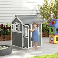Outsunny Cabane enfant extérieur, maison enfant extérieure, avec porte, fenêtres, bac à plantes, plancher - en bois gris(m-6)