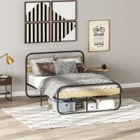 HOMCOM Cama Casal 140x190 cm Estrutura em Aço Estilo Industrial Cabeceira e Estrado Incluídos Efeito Madeira(m-4)