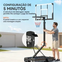 SPORTNOW Tabela de Basquetebol para Exterior com Altura Ajustável Portátil Estrutura Dobrável Painel Inquebrável Rodas e Base Preenchível 120x70x300-375 cm Preto(m-5)