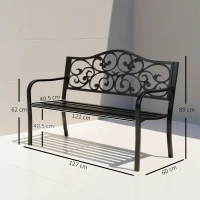 Outsunny Panchina da Giardino 2 Posti con Schienale Decorato in Ghisa e Metallo, 127x60x89cm, Nero(m-3)