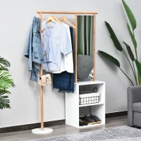 HOMCOM Cabideiro Móvel de Entrada Vestiário Guarda-Roupa com Espelho 4 Ganchos 2 Nichos 100x34x164 cm Mdf Branco Madeira Maciça Bambu(m-2)
