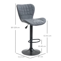 HOMCOM Conjunto de 2 Bancos de Bar Design Encosto Curvado Capitonê Altura Ajustável 89-109 cm Giratório 360° Veludo Cinza(m-3)
