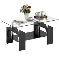 HOMCOM Mesa de centro moderna de 2 niveles en madera y acero con tablero de vidrio templado, 90x50x42 cm, Negro(m-6)