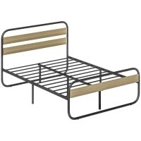 HOMCOM Cama Casal 140x190 cm Estrutura em Aço Estilo Industrial Cabeceira e Estrado Incluídos Efeito Madeira(m-7)