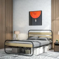 HOMCOM Cama Casal 140x190 cm Estrutura em Aço Estilo Industrial Cabeceira e Estrado Incluídos Efeito Madeira(m-5)