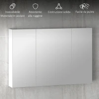 kleankin Armadietto Pensile Bagno con 3 Ante a Specchio e Ripiani Regolabili in Legno 90x13.5x60 cm, Bianco(m-7)