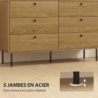 HOMCOM Commode 6 tiroirs meuble de rangement style moderne coins arrondis et pieds en acier 120 x 40 x 75cm effet bois de chêne(m-6)