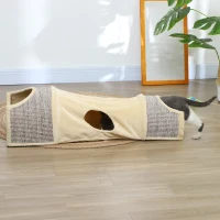PawHut Tunnel pour chat, jeu pour chat, avec 2 niches en sisal, trous de porte, pour intérieur, 107L x 38l x 29H cm, beige(m-10)