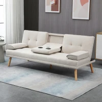 HOMCOM Canapé convertible 3 places, canapé-lit rembourré avec dossier réglable 3 niveaux, 2 coussins et 2 porte-gobelets intégrés, tissu de lin, pour salon, chambre d'amis, petit espace, beige(m-10)