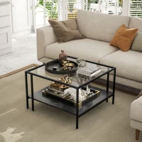 HOMCOM Table basse carrée 2 niveaux avec plateau en verre trempé, 1 étagère, design minimaliste, 73l x 73P x 46,5H cm, noir(m-10)