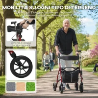 HOMCOM Deambulatore con Seduta e Schienale per Anziani Pieghevole, Altezza Regolabile, Borsa e Porta Bastone, Rosso(m-6)