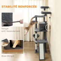 PawHut Arbre à chat tour de jeux pour chat avec griffoir 3 lits 2 niches plateformes et 3 jouets suspendus hauteur 174 cm gris(m-7)