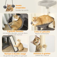 PawHut Arbre à chat tour de jeux pour chat avec griffoir 3 lits 2 niches plateformes et 3 jouets suspendus hauteur 174 cm gris(m-6)