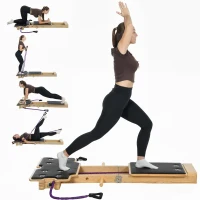 SPORTNOW Pilates Reformer multifonction avec Bandes de Résistance Poignées Roue Abdominale pour Maison Salle de Sport Bois naturel(m-6)