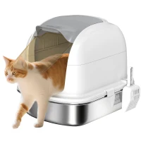 PawHut Lettiera in acciaio inox con coperchio, toilette per gatti con vaschetta, paletta, per gatto fino a 5 kg, 52,4 x 41,3 x 42 cm, Bianco(m-7)