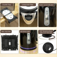 HOMCOM Kettle and Toaster Set, 1.7L 3000W Rapid Boil Jug Kettle with Otter Thermostat, Limescale Filter, 4 Slice Toaster with 7 Browning Controls, Crumb Tray, LED Strip, Black(m-9)