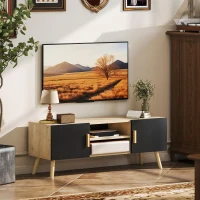 HOMCOM Meuble TV meuble télé bois banc TV jusqu'à 50 pouces avec étagères, 2 placards et passe-câbles, chêne(m-8)