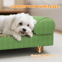 PawHut Canapé pour chien chat lit pour chien surélevé, assise de tapis frais, accoudoirs, en velours doux 63 x 41 x 17 cm, vert(m-6)