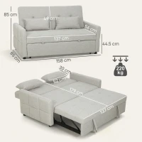 HOMCOM Divano 2 Posti Convertibile in Divano Letto Clic Clac con 2 Cuscini in Tessuto, Marrone Chiaro(m-3)