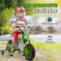 HOMCOM Moto Cross électrique pour Enfant 3 à 5 Ans 12 V 3-8 Km/h avec roulettes latérales Amovibles dim. 106,5L x 51,5l x 68H cm Vert(m-4)
