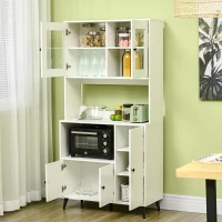 HOMCOM Armoire de cuisine avec 3 placards, niches, étagères réglables, portes vitrées, passe-câble, 90x40x180cm, blanc(m-10)