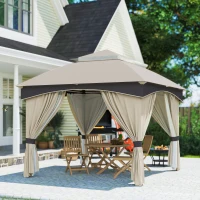 Outsunny Gazebo da Giardino 3x3m in Acciaio con Doppio Tettuccio e Tende, Beige e Grigio(m-9)