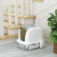 PawHut Lettiera in acciaio inox con coperchio, toilette per gatti con vaschetta, paletta, per gatto fino a 5 kg, 52,4 x 41,3 x 42 cm, Bianco(m-5)