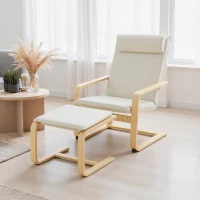 HOMCOM Sillón con Reposapiés Sillón Lectura con Respaldo Alto Reposacabezas Extraíble Patas de Madera y Tapizado en Lino Crema(m-5)