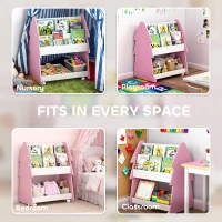 AIYAPLAY Kids Bookshelf with Toy Storage, Double-Sided Bookcase with Wheels, 3 Tier Kids Book Rack for Bedroom, Pink(m-8)