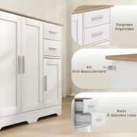 HOMCOM Buffet salon, meuble de rangement avec 2 tiroirs, 3 portes et étagère réglable, 100 x 40 x 78 cm, blanc et bois naturel(m-6)