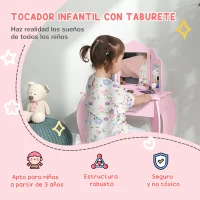 HOMCOM Tocador Infantil con Taburete y Espejo Ajustable Tocador para Niñas de 3-6 Años con Cajón Rosa(m-4)