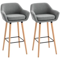 HOMCOM Set of 2  Bar Stools Modern Upholstered Seat Bar Chairs w/ Metal Frame, Solid Wood Legs Living Room Dining Room Fabric Furniture - Grey(m-10)