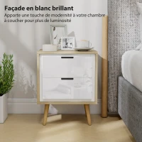 HOMCOM Table de chevet étroite, table d'appoint 2 tiroirs silencieux et pieds en bois massif, 40 x 35 x 50 cm, blanc brillant(m-5)