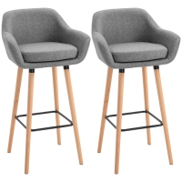 HOMCOM Set of 2 Linen Bar Stools with Solid Wood Legs, Metal Frame & High Back – Grey