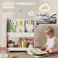 AIYAPLAY Kids Bookshelf with Toy Storage, Double-Sided Bookcase with Wheels, 3 Tier Kids Book Rack for Bedroom, Pink(m-5)