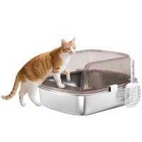 PawHut Kattenbak van roestvrij staal, kattentoilet met hoge rand, inzet, inclusief schep, voor grote katten, 53x42x27 cm, kolgrijs(m-11)