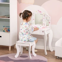 HOMCOM Tocador Infantil con Taburete y Espejo Ajustable, Tocador para Niñas con Cajón, Mesa de Maquillaje para Niños y Niñas de 3-6 Años, Blanco(m-2)