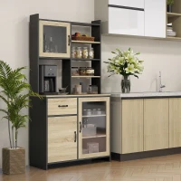 HOMCOM Armoire de cuisine buffet haut avec 1 tiroir 3 placards étagères 2 portes vitrées 90 x 39 x 177 cm noir naturel(m-9)