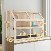 PawHut Wooden 3-Tier Hamster Cage Small Animal Cage with Seesaw, Running Wheel & House 95 x 53 x 76 cm Natural Wood(m-3)