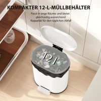HOMCOM Kosz na śmieci 12 l, kosz pedałowy z pokrywą, pedał nożny, wkład wewnętrzny, funkcja soft-close, 30 x 25,5 x 37,5 cm, biały(m-4)