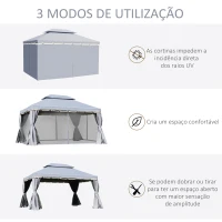 Outsunny Pérgola de Jardim 4x3m Pérgola de Alumínio com Teto de Ventilação 4 Cortinas Laterais Tela Mosquiteira  e 8 Orifícios de Drenagem para Exterior Pátio Festas Cinza(m-4)