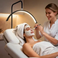 HOMCOM Half Moon Lash Light, Beauty Floor Lamp with 350° Rotatable Head, 7 Colour Temperature and Phone Holder, Dimmable Standing Lamp for Eyelash Extension, Tattoo, Nails, Skincare, Black(m-2)