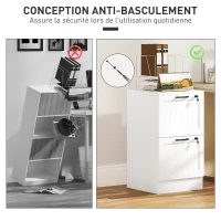 HOMCOM Caisson bureau, meuble rangement bois 2 tiroirs et serrure, barres de suspension réglables, 40 x 40 x 71 cm, blanc(m-7)
