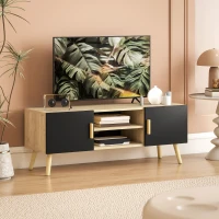 HOMCOM Meuble TV meuble télé bois banc TV jusqu'à 50 pouces avec étagères, 2 placards et passe-câbles, chêne(m-10)