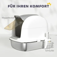 PawHut Roestvrijstalen kattenbak met deksel, kattentoilet met inzet, zandschep, voor kat onder 5 kg, 52,4 x 41,3 x 42 cm, wit(m-7)