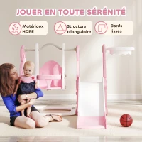 AIYAPLAY Toboggan et balançoire pour enfants 4 en 1 avec panier de basket, toboggan, balançoire, 147,5x160x107cm, rose(m-7)