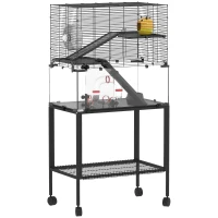 PawHut Hamsterkooi, verblijf voor kleine huisdieren met 3 niveaus, looprad, huisje, platforms, hellingen, voerschaal, waterfles, accessoires, staal, kunststof, zwart(m-10)